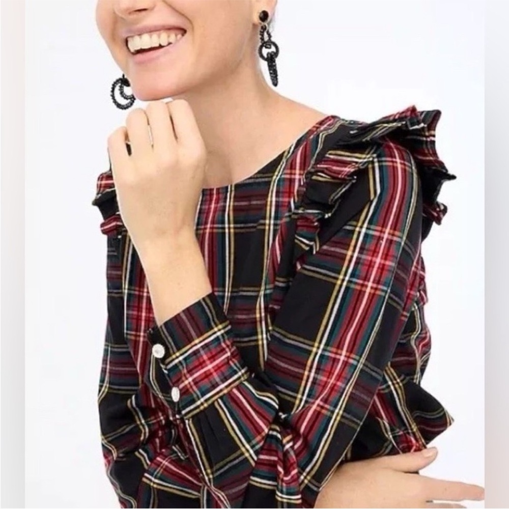 J. Crew Cotton Stewart Tartan Plaid ruffle‎ top stretch relaxed fit Small size 6